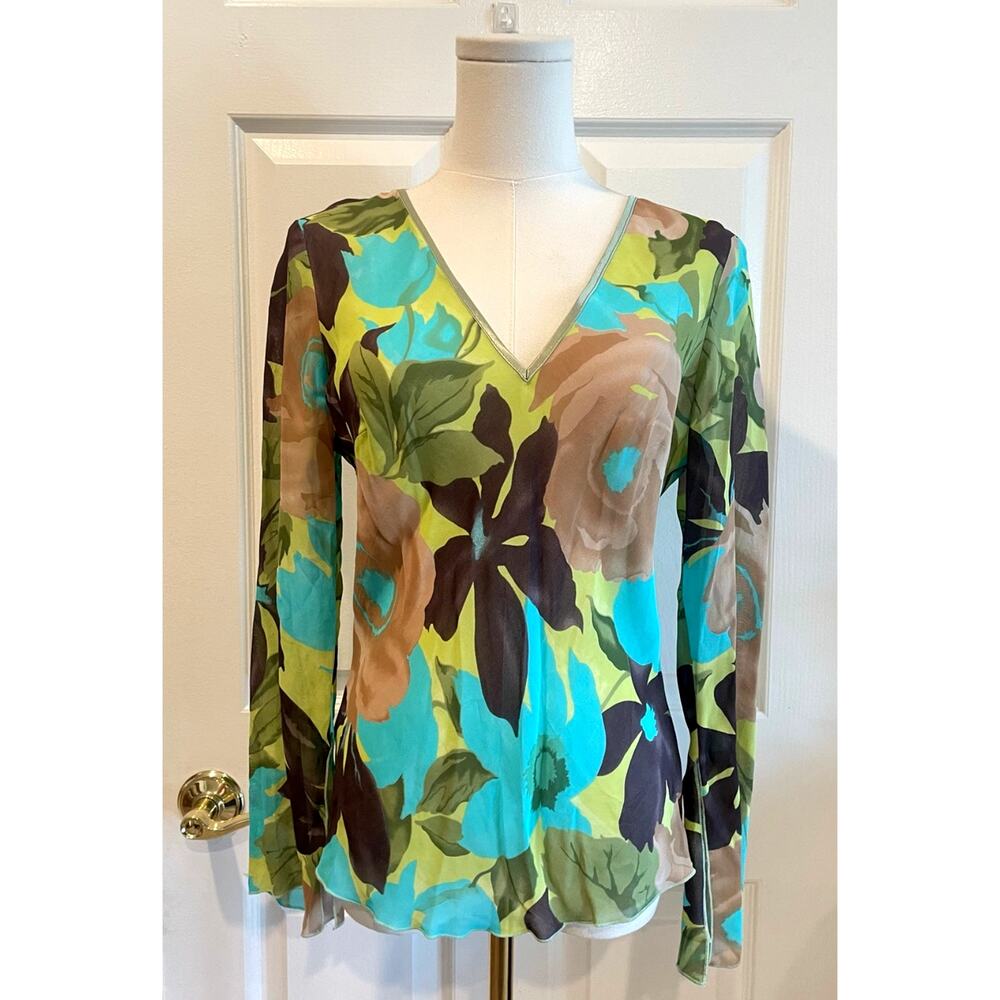 Vintage Jaloux Mesh Floral Top V-Neck Sheer Long Sleeve Blouse Y2K 90s L